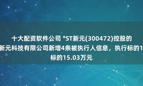 十大配资软件公司 *ST新元(300472)控股的天津万向新元科技有限公司新增4条被执行人信息，执行标的15.03万元